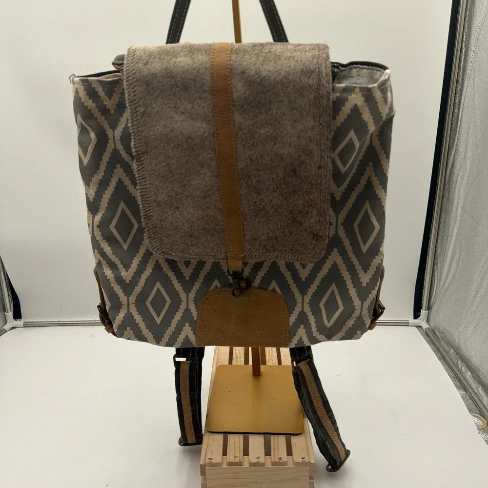 Myra Bag Backpack Artist's Impression Upcycled Canvas Leather Cowhide Gray OS